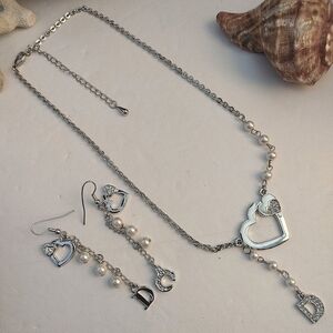 Silver Heart Necklace Dangle Earrings Set